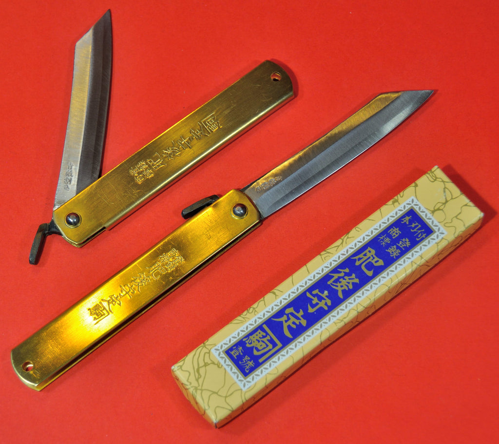 Japanese NAGAO HIGONOKAMI folding pocket knife bluesteel brass 120mm Japan