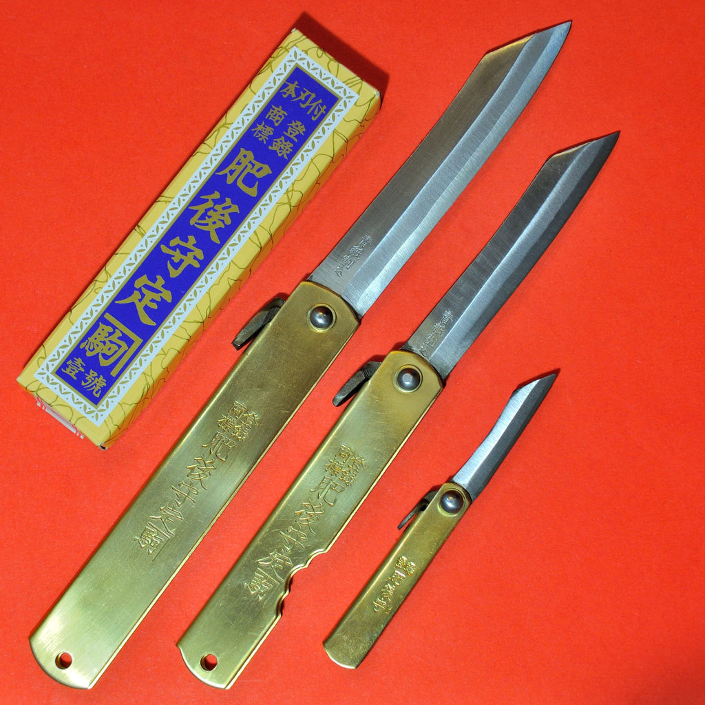 Japanese NAGAO HIGONOKAMI folding pocket knife bluesteel brass 120mm 92mm 54mm japan