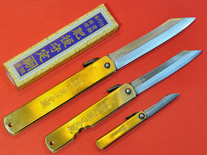 Emballage 3 couteaux NAGAO HIGONOKAMI  bluesteel laiton Japon japonais